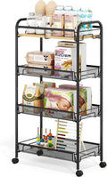 TOOLF 4-Tier Rolling Cart, Metal Utility Cart, Slide Out Storage Cart with Wooden Tabletop and Mesh Baskets, Easy Assemble Trolley for Kitchen Bathroom Laundry Room Bedroom Apartments Dormitory