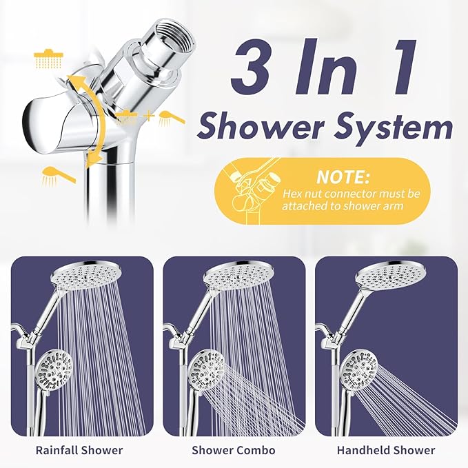 HOWUWEY Modern Dual Shower Head with Handheld Spray, 7.5" Rainfall Shower Head, 9 Modes Hand Showerhead, 78" Hose, Chrome