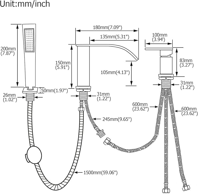 Waterfall Roman Tub Faucet with Hand Shower, Deck Mount Tub Filler Bathtub Faucet with Sprayer, Single Handle Bathtub Faucet Set, Brass Widespread 3 Hole Bathtub Shower Faucet Set, Chrome