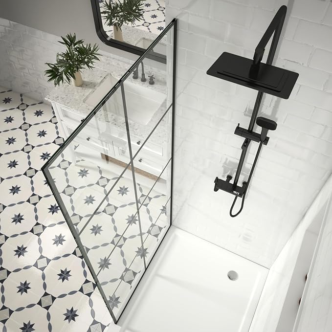 30" W x 76" H Frameless Shower Screen, Fixed Glass Panel for Walk-In Shower, 3/8" Tempered Glass, Grid Pattern Design
