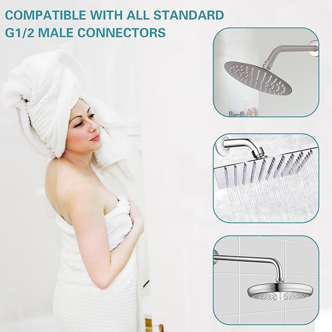 16 Inch Shower Arm with Flange,Stainless Steel 90 Degree Rain Shower Head Extension Arm,Wall-Mounted Shower Head Arm for Fixed Shower Head,Matte Black