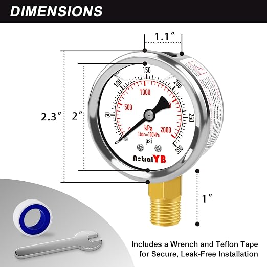 0-300 PSI Heavy-Duty Pressure Gauge, Glycerin-Filled, Stainless Steel, 1/4" NPT - Image 5