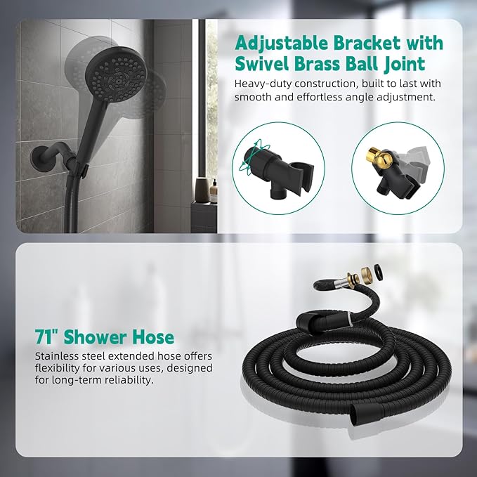 Hibbent High Pressure cUPC Certified 10-mode Shower Head, Handheld Showerhead with Adjustable Brass Joint Holder, 71" Metal Hose, Anti-clog Nozzles, Built-in Power Wash to Clean Tub & Pets, Black
