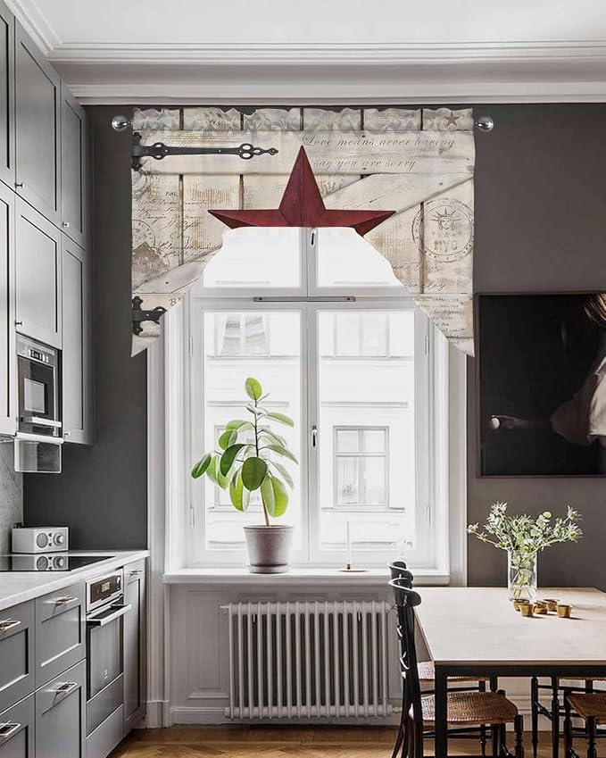 Village Stars Swag Kitchen Curtains Valance and Tier Set, Vintage Dark Red Star - Image 4