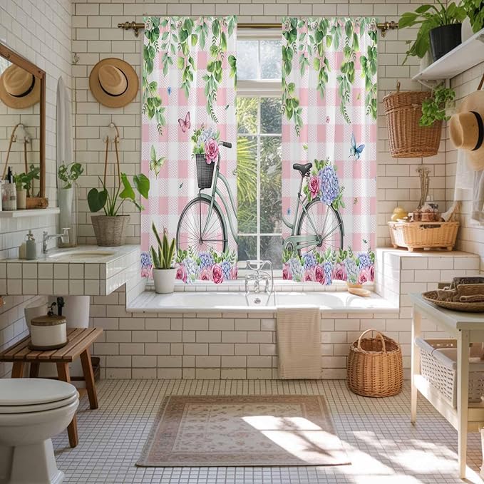 Spring Kitchen Curtains, Bicycles Leaves Butterfly Flowers Pink Buffalo Plaid - Image 5