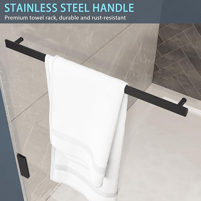 Bathtub Shower Door, 34" W X 58" H Fixed Bathtub Shower Glass Panel in Matte Black, 1/4"(6mm) Clear Tempered Frameless Shower Glass Door, Tub Shower Panel with Clamps and Handle