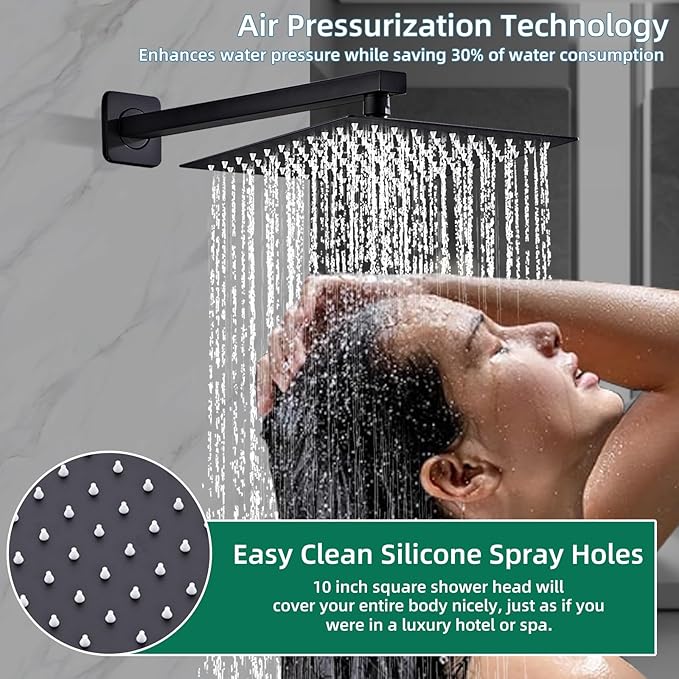Shower Faucet Set with Brass Durable Trim, 10 Inch Square Rainfall Shower Head, High Pressure Handheld Shower, Easy-Clean Silicone Nozzles, Wall Mounted Black Shower System