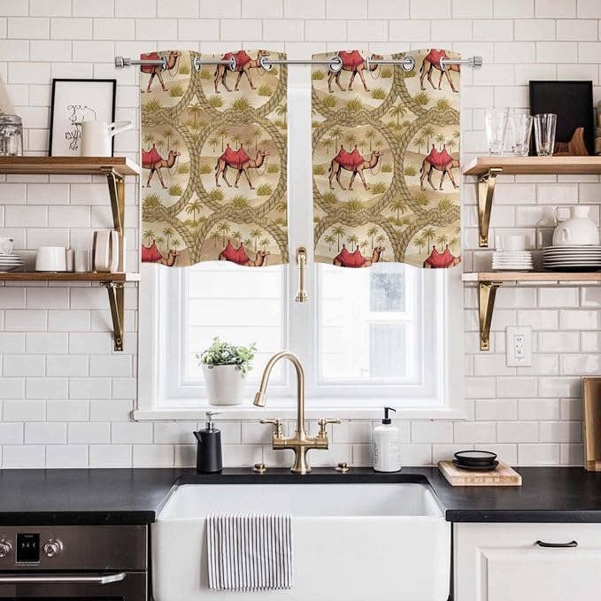 2 Panel Kitchen Cafe Curtains, Desert Camels Sunlight Filtering Nature Air - Image 2
