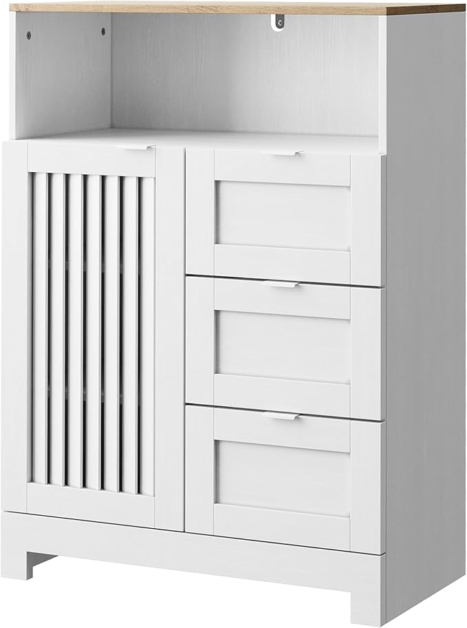 Bathroom Storage Cabinet with 3 Drawers, Floor Cabinet with Louvered Door, Freestanding Storage Unit for Bathroom, Kitchen, Living Room, White