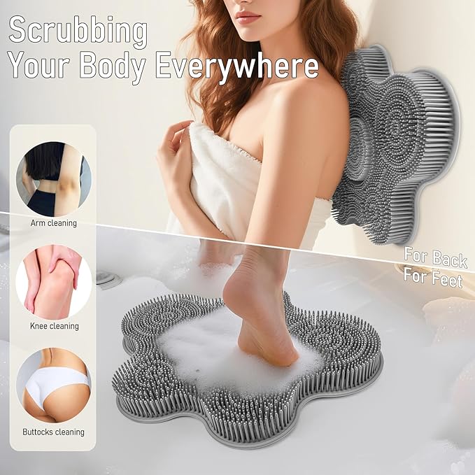 Shower Foot Scrubber Mat Silicone Back Exfoliating Cleaner, Feet Message Bath Washer Pad with Suction Cups for Wall Non-Slip - Itchy Toes Dead Skin Beauty Deep Clean Soft Bristles 14.2 * 11.2in Grey