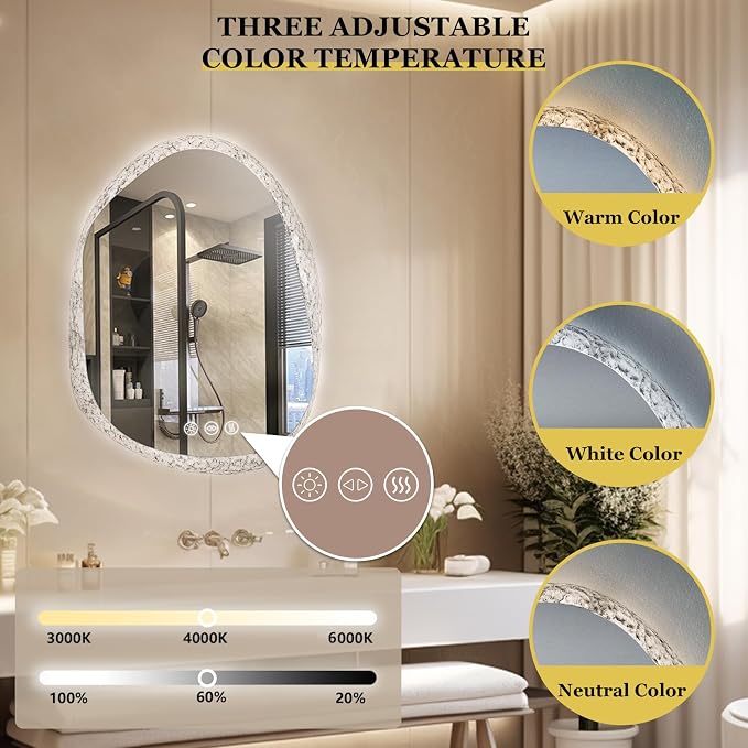 LUVODI Lighted LED Bathroom Mirror: 28”x20”Irregular Stone Pattern Frosted Wall - Image 4