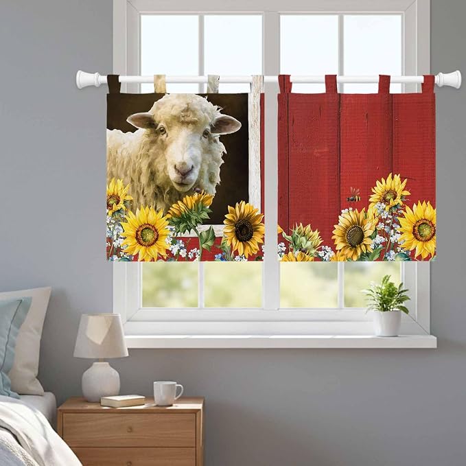 Sheep Flowers Kitchen Curtains 24 Inch Length, Small Window Curtains Tab Top - Image 9
