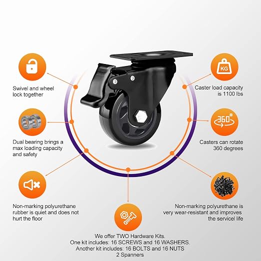 3 Inch Casters Set of 4, Heavy Duty Caster Wheels 1100lbs, Swivel Plate Casters - Image 4