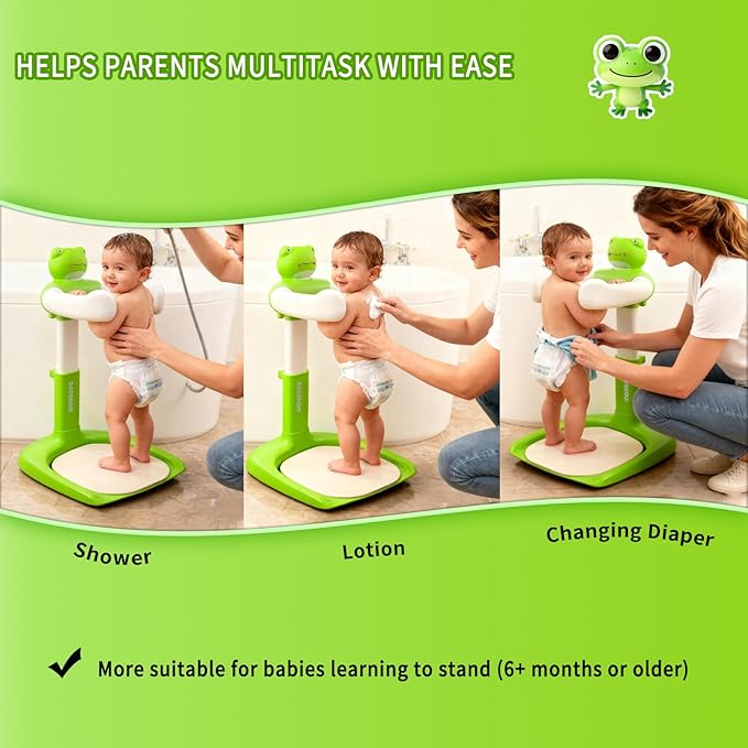 Baby Shower Stand Baby Bath Standing Support with Anti-Slip Soft Mat for 6-36 Months Adjustable Stable Easy Setup Press for Sounds Soporte para Bañera De Bebé Newborns Gift Fits Infants - Green Frog