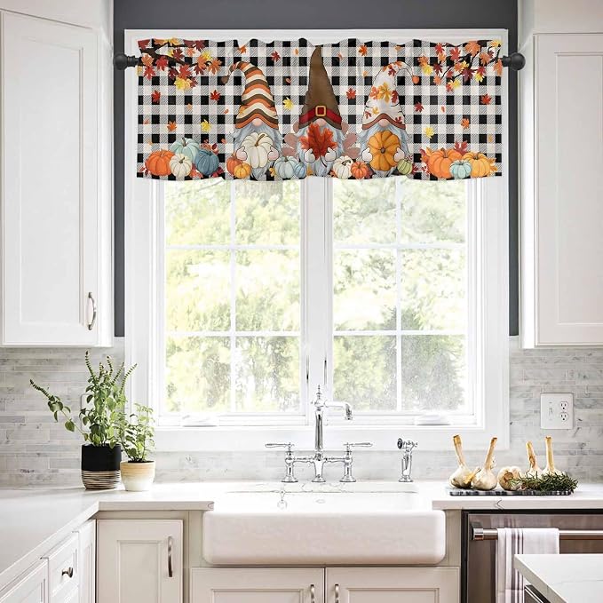 Thanksgiving Gnomes Kitchen Curtain Set, Fallen Maple Leaf Pumpkin Black Plaid - Image 3