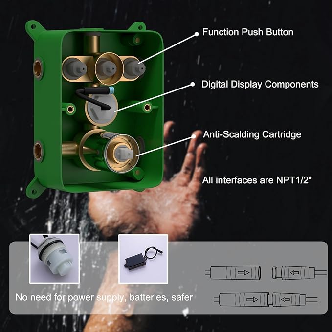 Rain Shower System Polished Chrome 3 Way Digital Display Shower Faucet System 12 Inch Ultra Thin Full Body Shower Head System with Handheld Shower and 4 PCS Body Jets