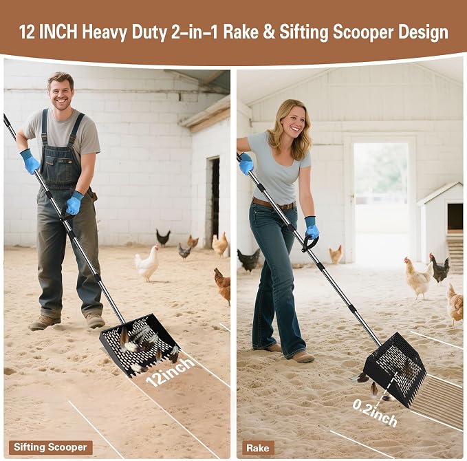 12-Inch Heavy Duty Chicken Poop Scooper & Rake 2-in-1 - Image 2