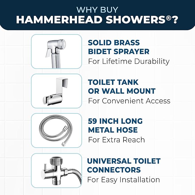 HammerHead Showers Solid Metal Handheld Bidet Sprayer for Toilet, Handheld Bidet Attachment with 59-Inch Hose and Leak-Proof T-Valve, Jet Spray for Toilet, Muslim Shower, Chrome