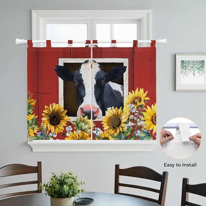 Cow Sunflowers Bedroom Curtains 63 Inch Length, Window Curtains Tab Top - Image 4