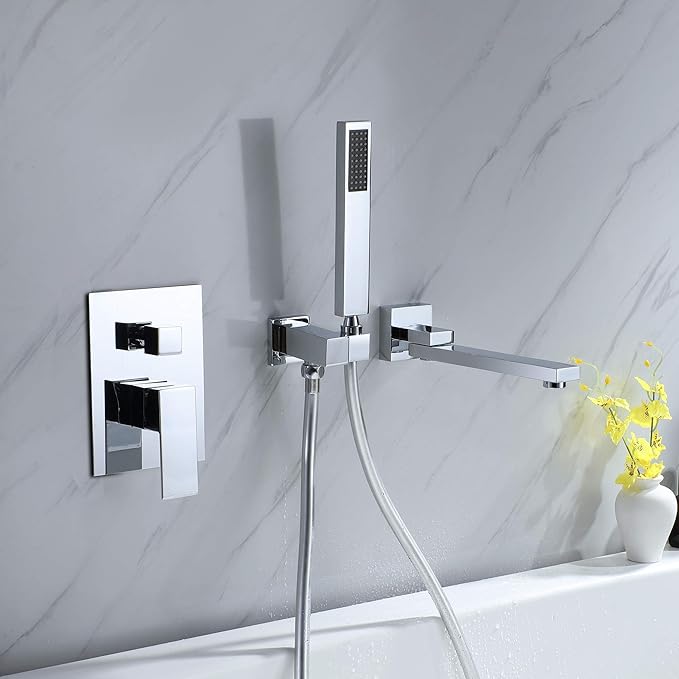 Wall Mounted Bathtub Faucet with Handheld Shower, Solid Brass 180°Swivel Tub Faucet with Handheld Sprayer High Flow Bathtub Faucet Set with cUPC Certified Wall Mount Tub Filler, Chrome