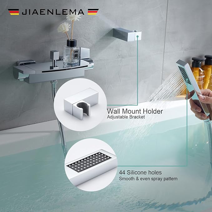 Wall Mount Tub Faucets Chrome Waterfall Tub Faucet with Sprayer, Wall Mount Tub Filler, Brass Bathtub Wall Faucet with Hand Shower, 2 Handles - JIAENLEMA