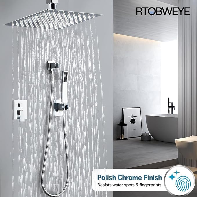10 Inch Ceiling Mount Shower Faucet Set, Silver Rainfall Shower System with Valve Trim, Square Rain Shower Spray Combo Luxury Shower Fixtures Polish Chrome Shower Head and Handle Set