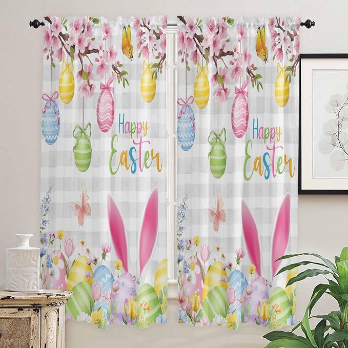 Happy Easter Living Room Curtains 72 Inches length, Spring Watercolor Bunny - Image 2