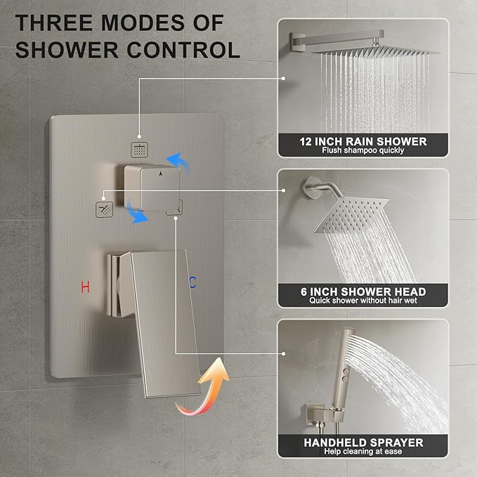 Shower Faucet Set, Wall Mount Shower System 12-inch & 6-inch Dual Shower Head Set with 2 in 1 Handheld Spray Rain Shower Faucet with Rough-in Valve and Shower Trim Kit, Brushed Nickel