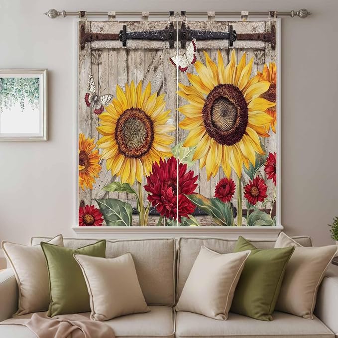 Sunflowers Bedroom Curtains 72 Inch Length, Window Curtains Tab Top, Retro - Image 9