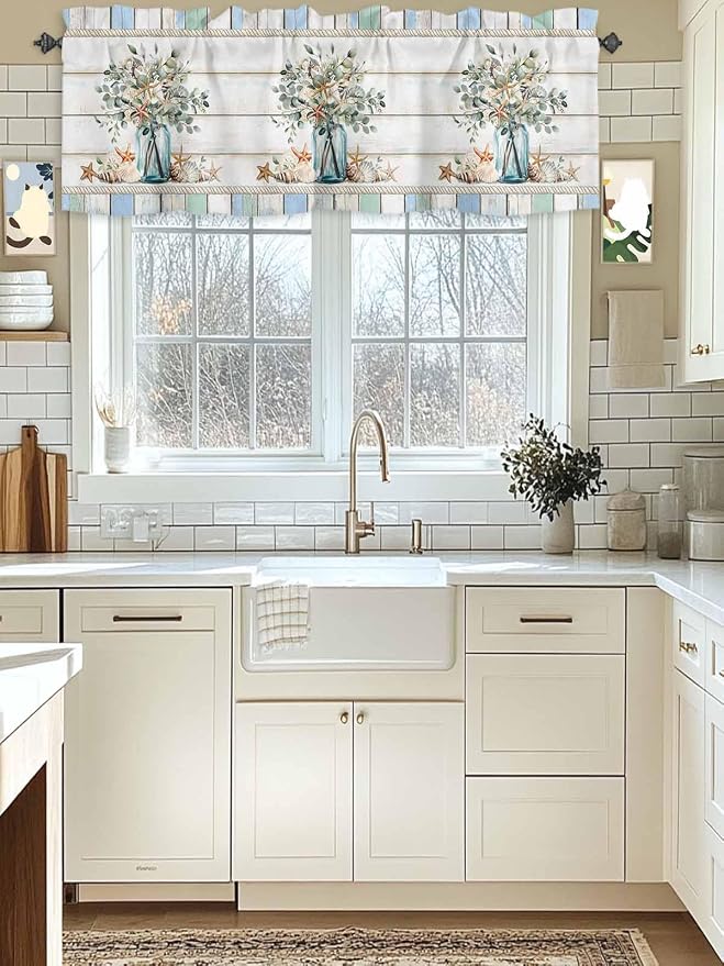 Kitchen Valances for Window, Ocean Starfish Conch Shell Eucalyptus Light by Unknown