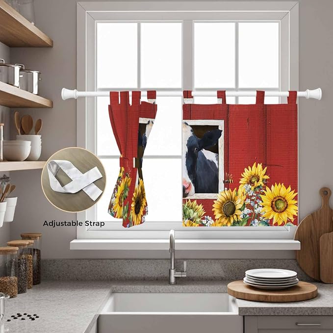 Cow Sunflowers Kitchen Curtains 24 Inch Length, Small Window Curtains Tab Top - Image 5