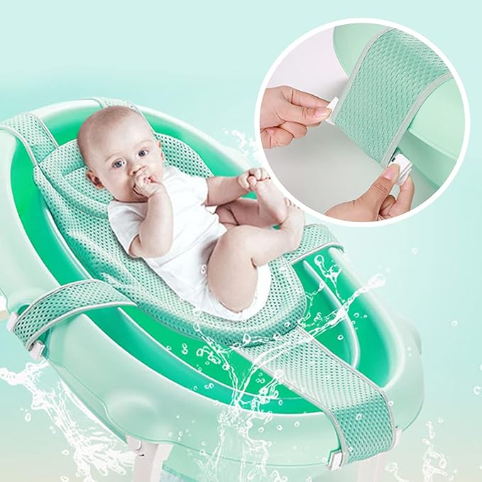 Baby Bath Seat Support Net Soft Headrest Baby Bath Cushion Pad, Breathable Newborn Infant Bathtub Shower Mesh Mat, Adjustable Shower Pad Portable Anti-Slip Bath Sling 0-18 Months, Green (No Bathtub)