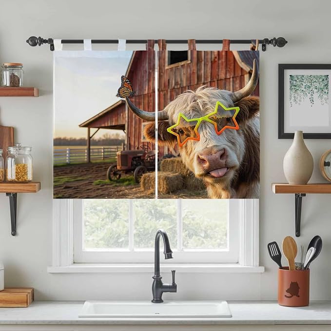 Farm Yaks Kitchen Curtains 45 Inch Length, Short Cafe Window Curtains Tab Top - Image 3
