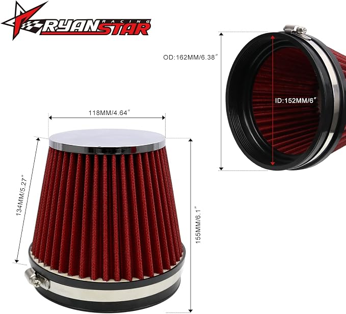 RYANSTAR RACING 152mm 6" High Flow Round Tapered Cone Closed-Top Washable - Image 2