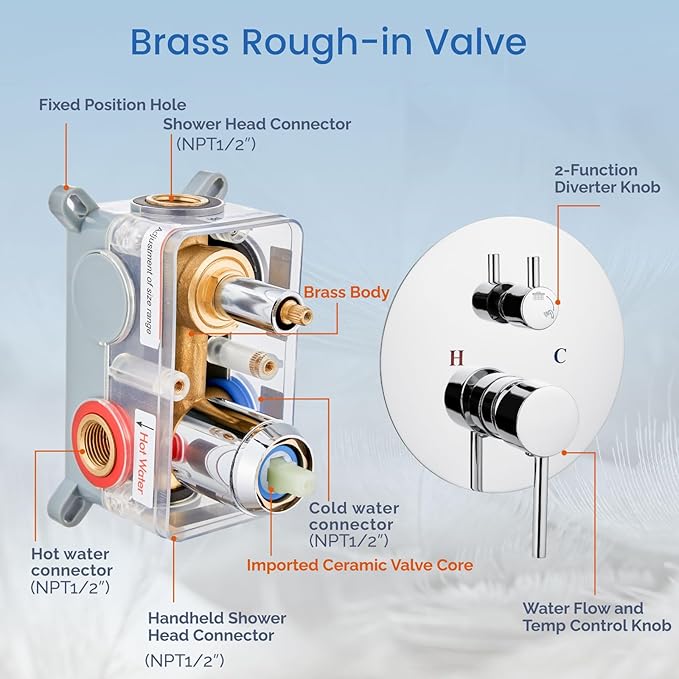 Airuida Shower Fixtures 2 Functions Shower Faucet Set Wall Mounted for Bathroom High Pressure Brass Handheld Shower with Rough-in Valve Round Rainfall 8 Inch Shower Head Chrome Polish