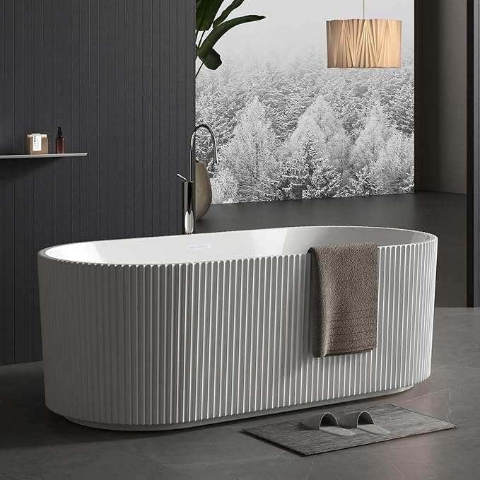67" Deep Soaking Bathtub, Non-Slip Acrylic Tub with Chrome Drain, CUPC Certified, Ergonomic Modern Bath for Bathrooms, Easy-Install, White Striped