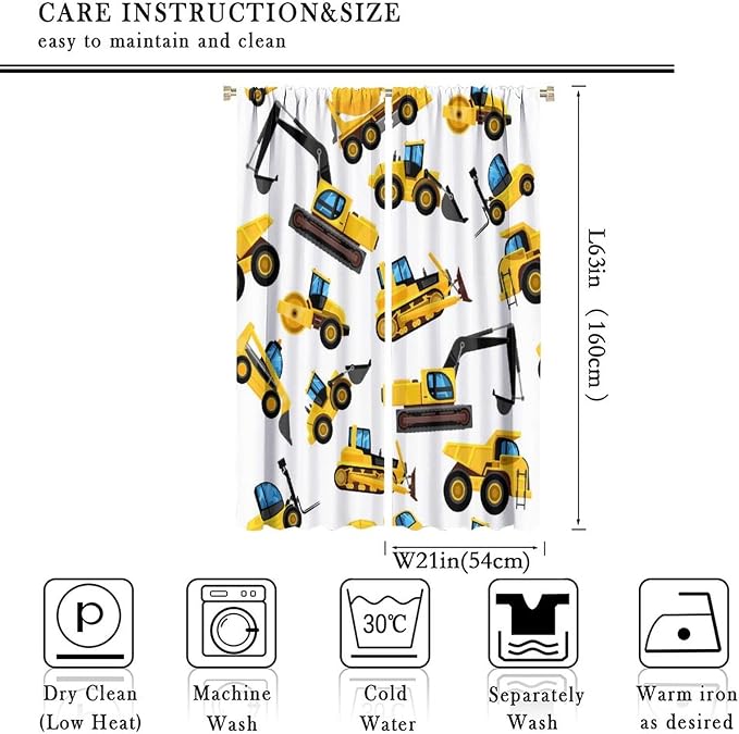 Kids Construction Equipment Window Curtains, Excavator Tractor Tow Truck Rod - Image 4