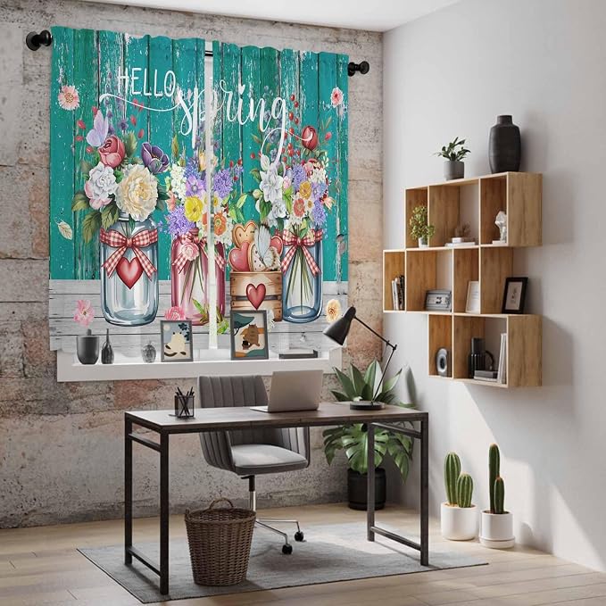 Spring Flowers Kitchen Curtains, Farmhouse Watercolor Teal Wood Grain Light - Image 6