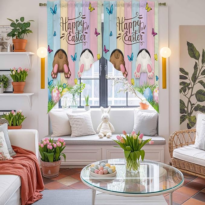 Swag Curtain Valances for Kitchen Windows, Happy Easter Rabbit Butt Egg on - Image 7