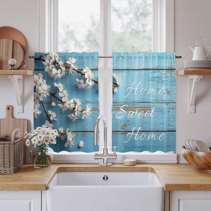 Farmhouse Wooden Grain Tier Curtains, Vintage Shabby Chic Flower Blue Light - Image 2