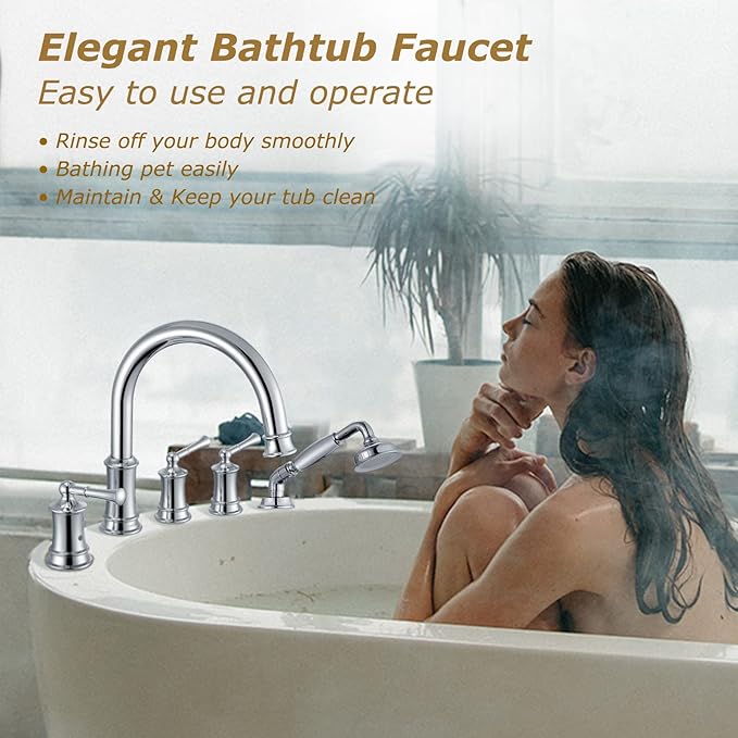 Roman Tub Faucet with Hand Shower, Antique Tub Shower Faucet Set with Valve for 5 Hole, Deck Mount 3 Handle Bathtub Filler High Flow, Polished Chrome(B2309-CP)