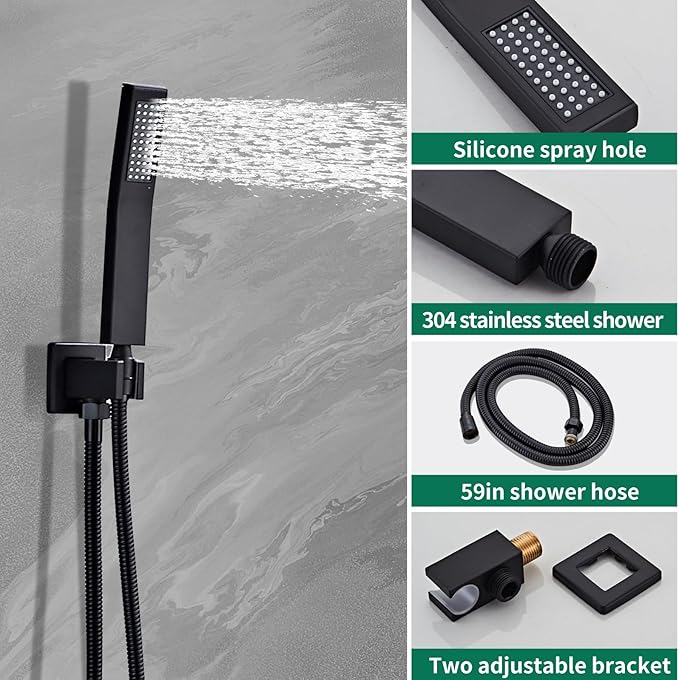 Shower Faucet Set with Brass Durable Trim, 10 Inch Square Rainfall Shower Head, High Pressure Handheld Shower, Easy-Clean Silicone Nozzles, Wall Mounted Black Shower System