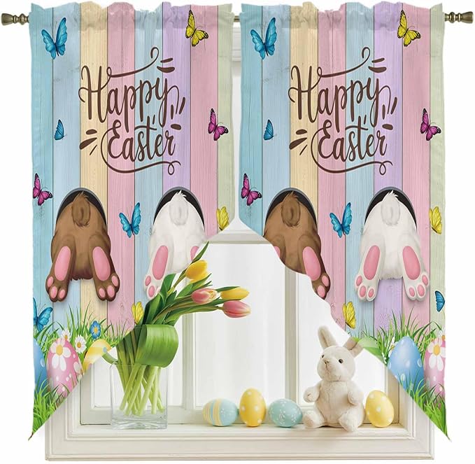 Swag Curtain Valances for Kitchen Windows, Happy Easter Rabbit Butt Egg on - Image 2