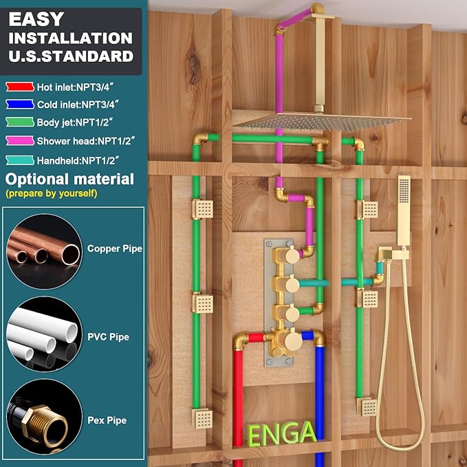 Enga Luxury Brushed Gold Shower System, 16 Inch Rain Shower Head with Body Spray Thermostatic Shower Faucet Set, Can Use All Functions At a Time (Volume Adjustable)