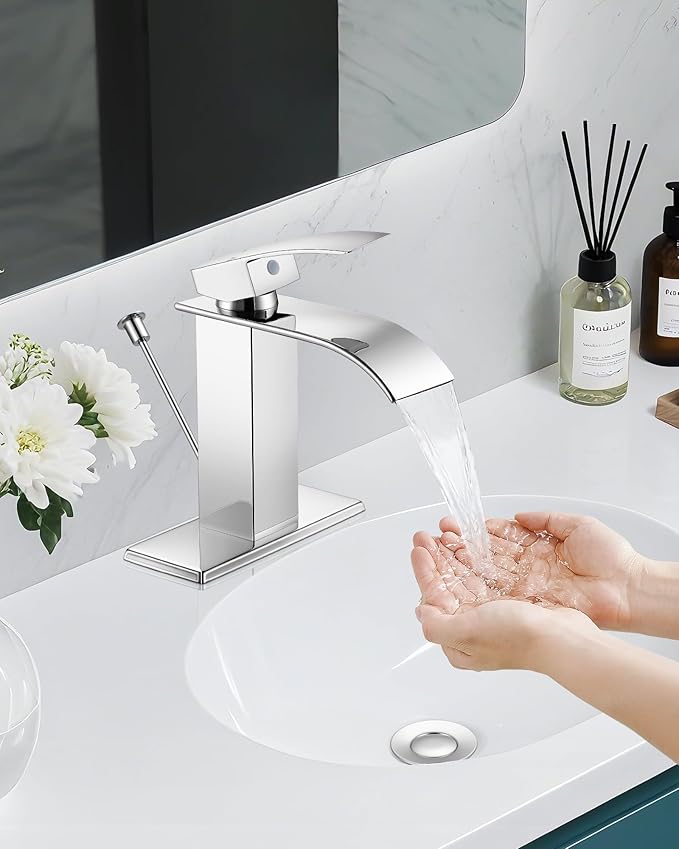 Bathroom Faucets with Lift Rod Drain Chrome Waterfall Bathroom Sink Faucet Modern Single Handle Bathroom Faucet for 1 or 3 Hole Mxier Tap Washbasin Faucet with Deck