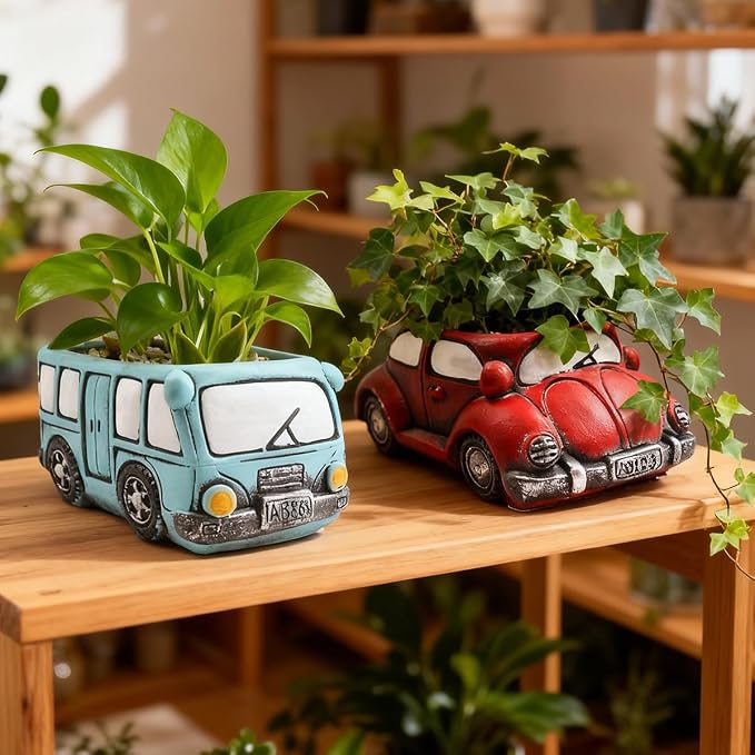 Cement Red Car Succulent Planter Flower Pots Succulent Plants Containers - Image 4