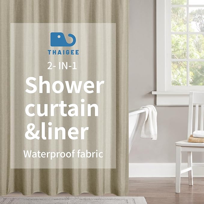 2-in-1 Waterproof Extra Long Fabric Shower Curtain or Liner,Linen Textured,96 Inch Breathable TPU & Washable Bathroom Shower Curtain Set with 12 Plastic Hooks,Modern,72"x96" Khaki