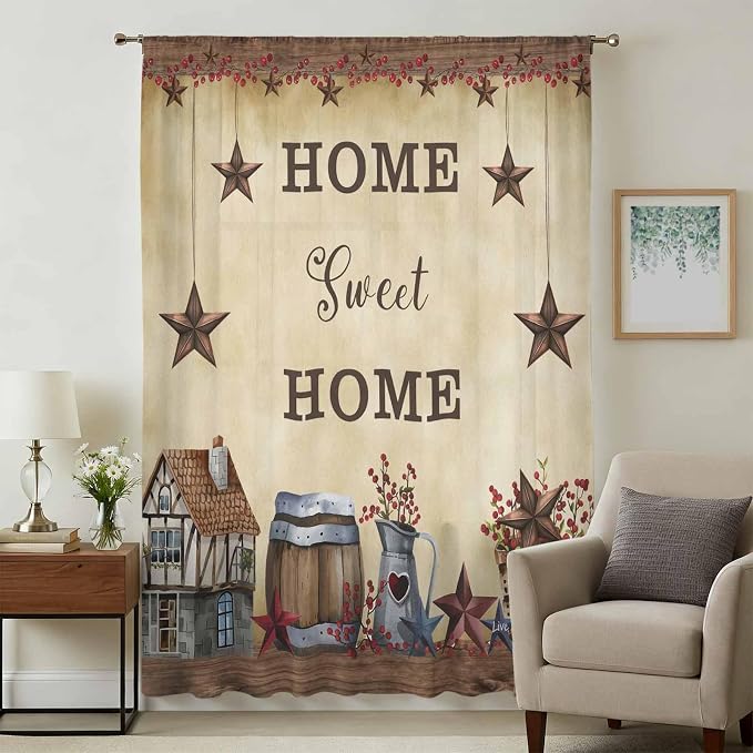 Farm Sheer Curtains 108 Inch Length American Country Barn Star Vintage Berry - Image 3