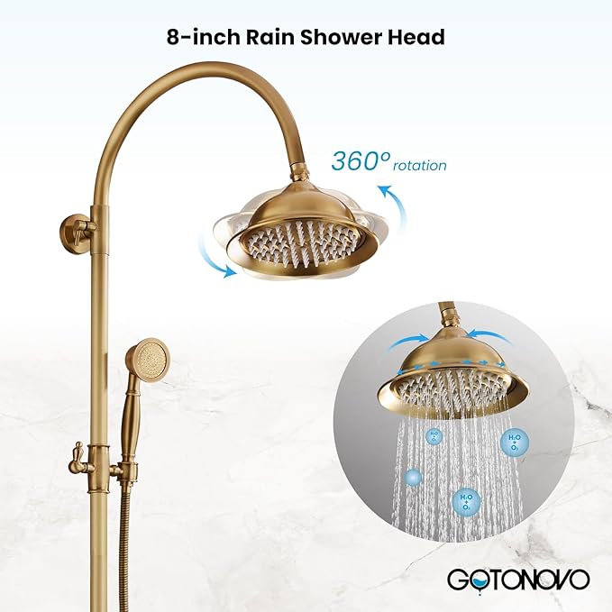 gotonovo Bathroom Classic Exposed Shower Faucet Wall Mount Shower System 8 Inch Luxurious Rainfall Shower Head Set with Tub Spout and Handheld Spray Double Cross Handles Antique Brass