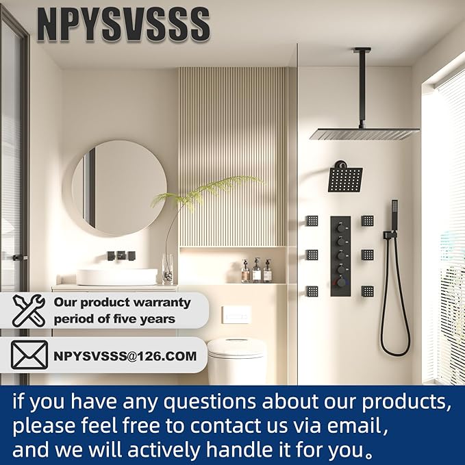 Black Shower Faucet Set Dual Shower Heads with 16" Ceiling Mounted Rain Shower Head & 6" Wall Mounted Head 4 Function Full Body Shower System with body jets,Matte Black